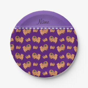 Personalisierter Name lila Pekingsche Hunde Pappteller
