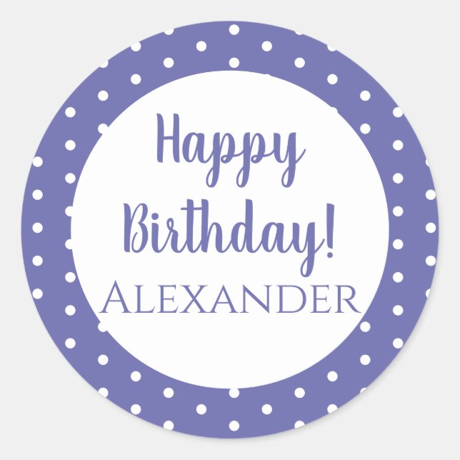 Personalisierter Name Lila Polka Dot Happy Birthda Runder Aufkleber (Vorderseite)