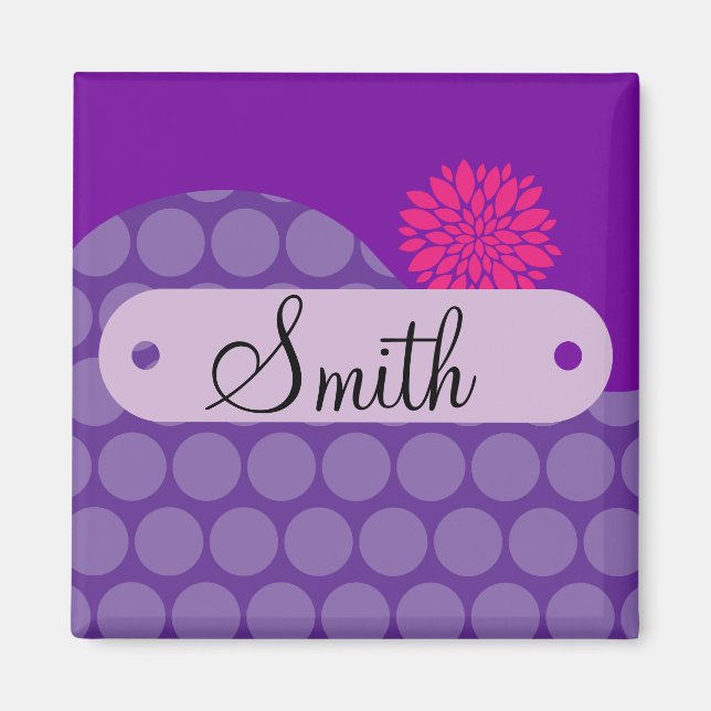 Personalisierter Name Lila Polka Dots Rosa Blume Magnet (Vorne)