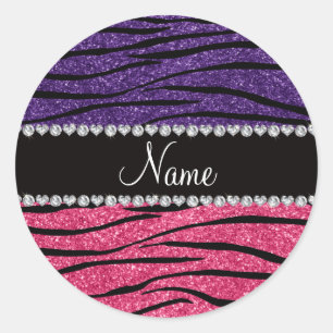 Personalisierter Name lila rosa Glitzer zebra stre Runder Aufkleber