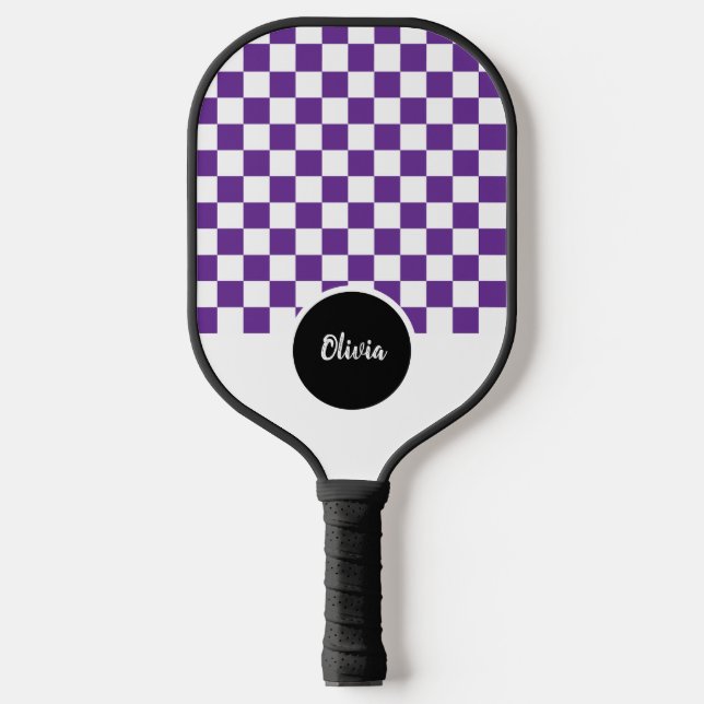 Personalisierter Name lila und weißes Schachbrett  Pickleball Schläger (Vorderseite)