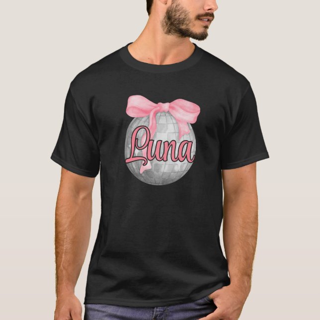 Personalisierter Name Luna Coquette Bow Pink Disco T-Shirt (Vorderseite)
