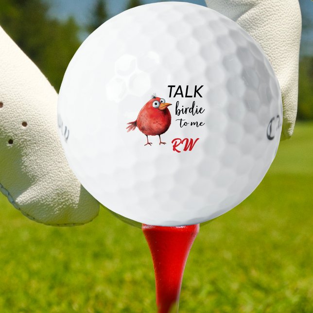 Personalisierter Name Lustiger Vogel Golfball (Funny personalized golf balls with a quirky red bird and “Talk Birdie To Me” text — great gift!)