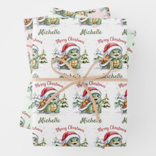 Personalisierter Name Merry Christmas Turtle in Sa Geschenkpapier Set