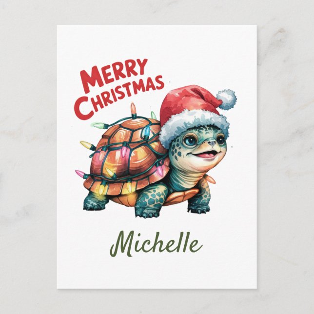 Personalisierter Name Merry Christmas Turtle in Sa Postkarte (Vorderseite)