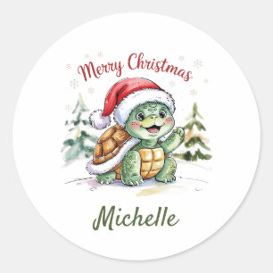 Personalisierter Name Merry Christmas Turtle in Sa Runder Aufkleber