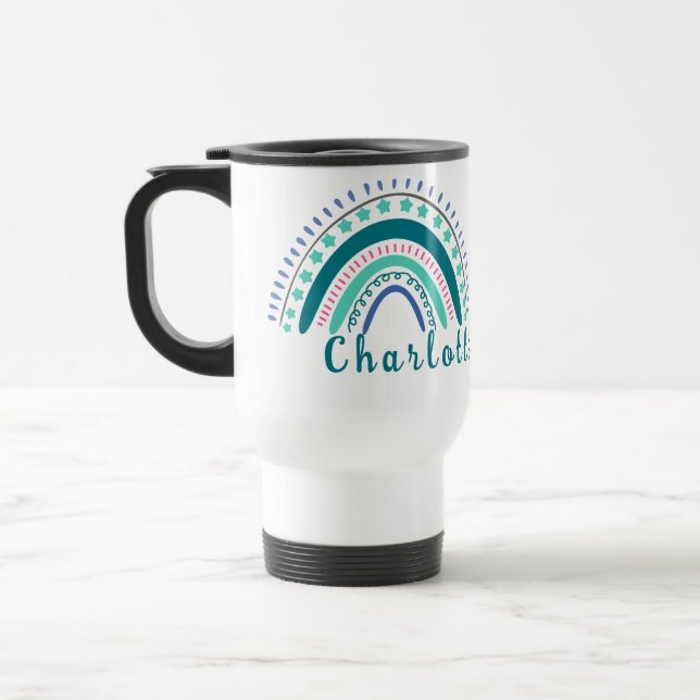 Personalisierter Name mit dem modernen Boho-Regenb Reisebecher (Links)