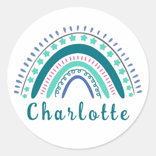 Personalisierter Name mit dem modernen Boho-Regenb Runder Aufkleber (Vorderseite)