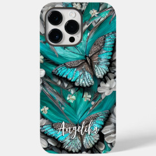 Personalisierter Name mit floralen blauen silberne Case-Mate iPhone 14 Pro Max Hülle