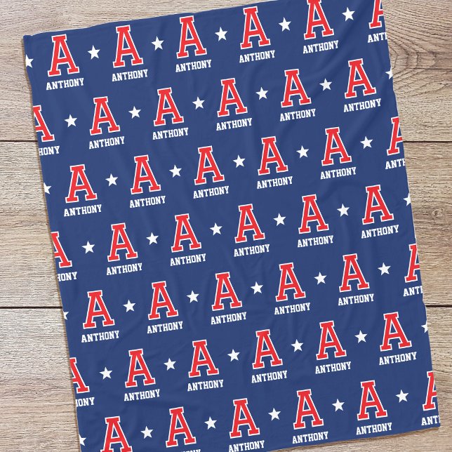 Personalisierter Name Mit Monogramm Star Red Navy Fleecedecke (Von Creator hochgeladen)