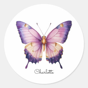 Personalisierter Name mit rosa Schmetterling Runder Aufkleber