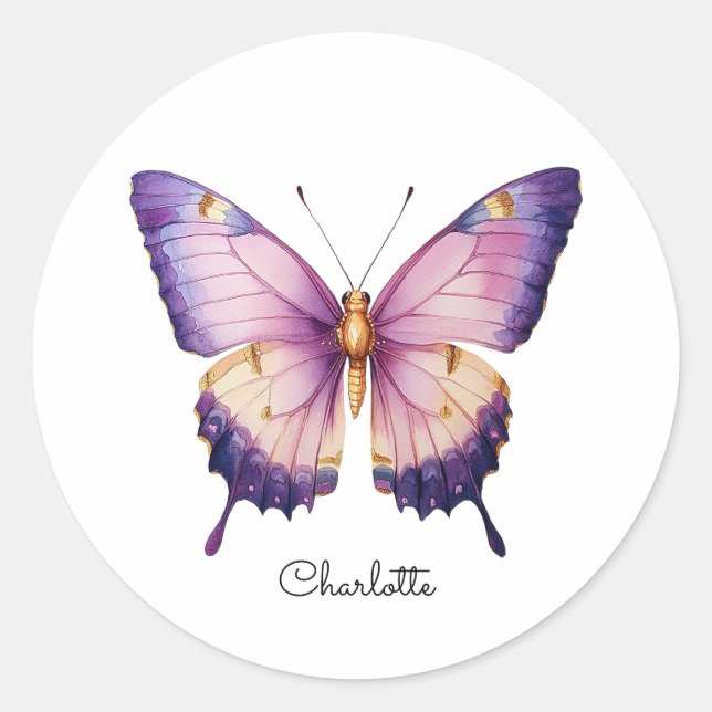 Personalisierter Name mit rosa Schmetterling Runder Aufkleber (Vorderseite)