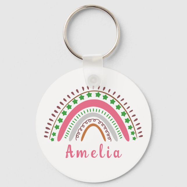 Personalisierter Name mit Whimsical Boho Rainbow Schlüsselanhänger (Vorderseite)
