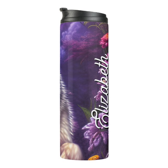 Personalisierter Name Mitternacht Howl Floral Wolf Thermosbecher (Nach rechts gedreht)