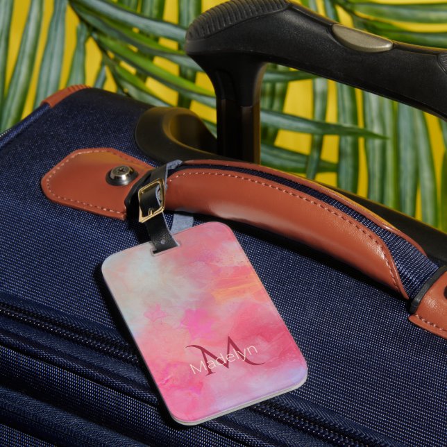 Personalisierter Name + Monogramm Rosa Wasserfarbe Gepäckanhänger (Vorderseite Insitu 1)