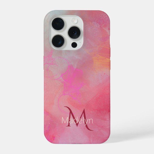 Personalisierter Name + Monogramm Rosa Wasserfarbe iPhone Hülle (Rückseite)
