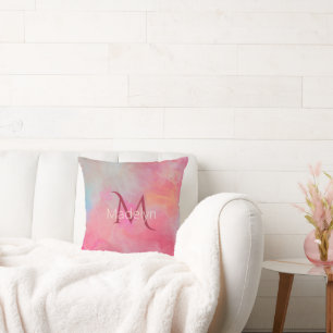 Personalisierter Name + Monogramm Rosa Wasserfarbe Kissen