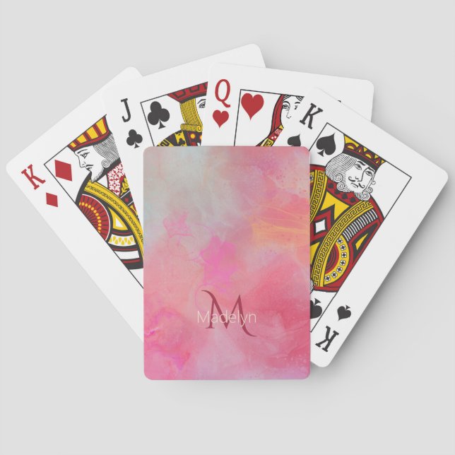 Personalisierter Name + Monogramm Rosa Wasserfarbe Spielkarten (Rückseite)