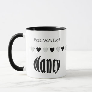 personalisierter Name "Nancy", Schwarz-Weiß-Herz Tasse
