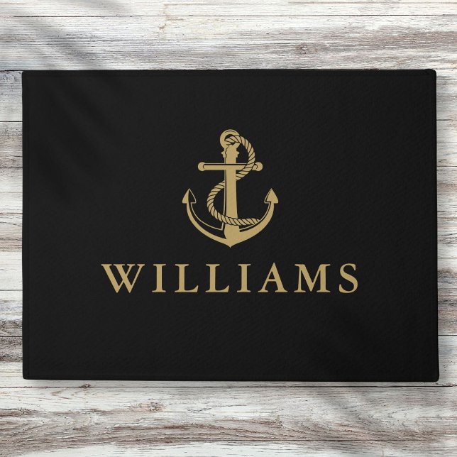 Personalisierter Name Nautic Anchor Black and Gold Fußmatte (Personalized Name Nautical Anchor Black And Gold Doormat)