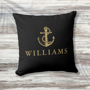 Personalisierter Name Nautic Anchor Black and Gold Kissen
