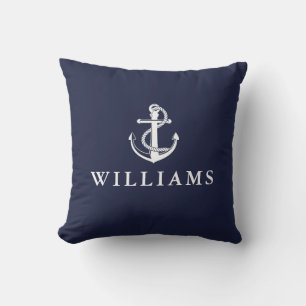 Personalisierter Name Nautic Anchor Navy Blue Kissen