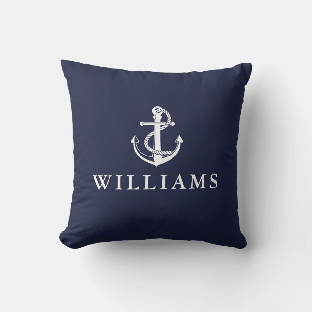 Personalisierter Name Nautic Anchor Navy Blue Kissen (Vorderseite)