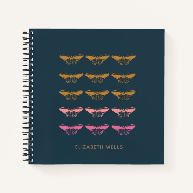 Personalisierter Name Navy Blue Butterfly Moth Nat Notizbuch (Vorderseite)