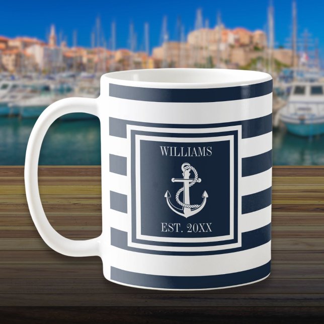 Personalisierter Name Navy Blue Stripe Nautical An Kaffeetasse (Personalized Name Navy Blue Stripe Nautical Anchor Coffee Mug)