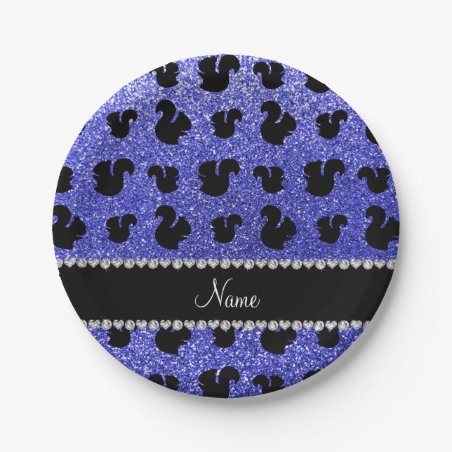 Personalisierter Name Neon Blue Glitzer Eichhörnch Pappteller (Vorderseite)