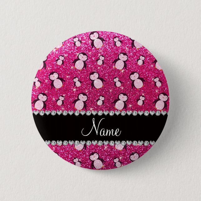 Personalisierter Name Neon Hot Pink Glitzer Pingui Button (Vorderseite)