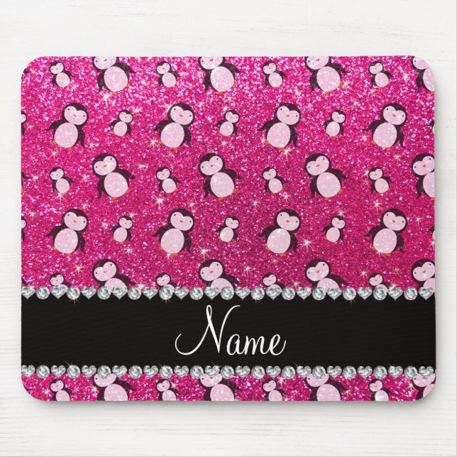 Personalisierter Name Neon Hot Pink Glitzer Pingui Mousepad (Vorne)