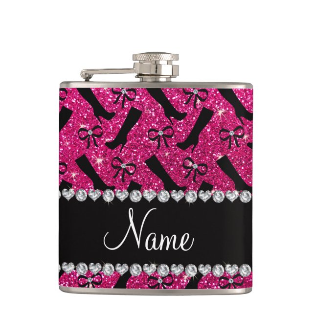 Personalisierter Name Neon Hot Rosa Glitzer Stiefe Flachmann (Vorderseite)