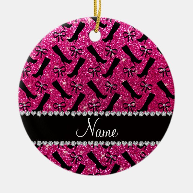 Personalisierter Name Neon Hot Rosa Glitzer Stiefe Keramikornament (Vorne)