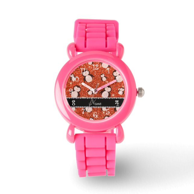 Personalisierter Name Neon Orange Glitzer Pinguine Armbanduhr (Vorderseite)