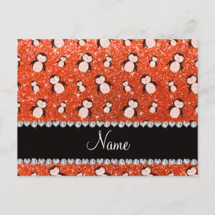Personalisierter Name Neon Orange Glitzer Pinguine Postkarte