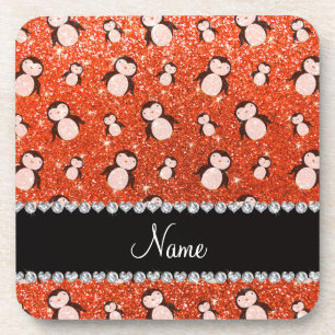 Personalisierter Name Neon Orange Glitzer Pinguine Untersetzer