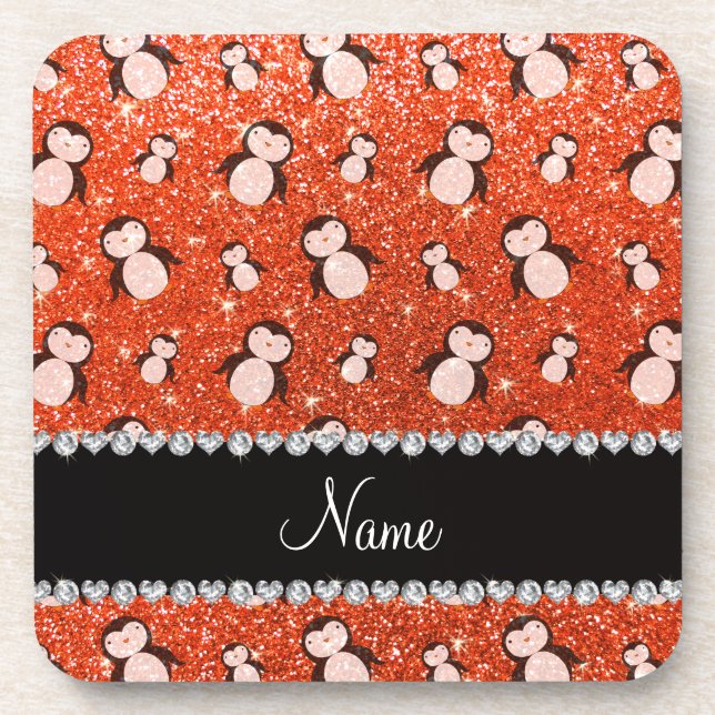 Personalisierter Name Neon Orange Glitzer Pinguine Untersetzer (Vorderseite)