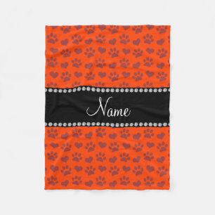 Personalisierter Name Neon Orangenherzen und Pfote Fleecedecke
