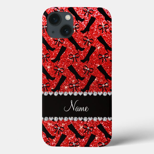 Personalisierter Name Neon Red Glitzer Stiefel Bow Case-Mate iPhone Hülle (Rückseite)