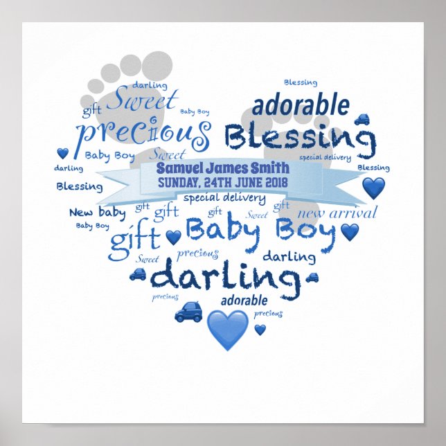Personalisierter Name New Baby Boy Word Art Poster (Vorne)