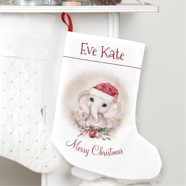 Personalisierter Name Niedlich Elephant Girl Red W Kleiner Weihnachtsstrumpf (Personalized Name Cute Elephant Girl Red White Small Christmas Stocking)