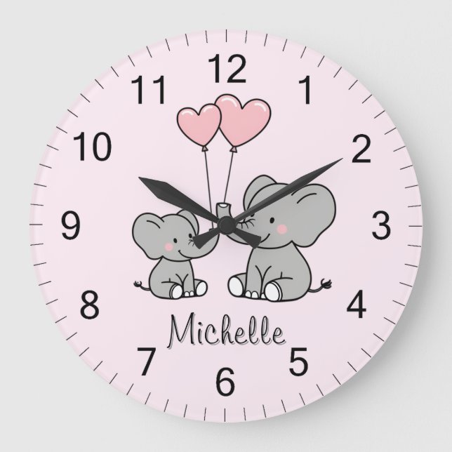 Personalisierter Name Niedlich Elephant Mama & Bab Große Wanduhr (Vorderseite)