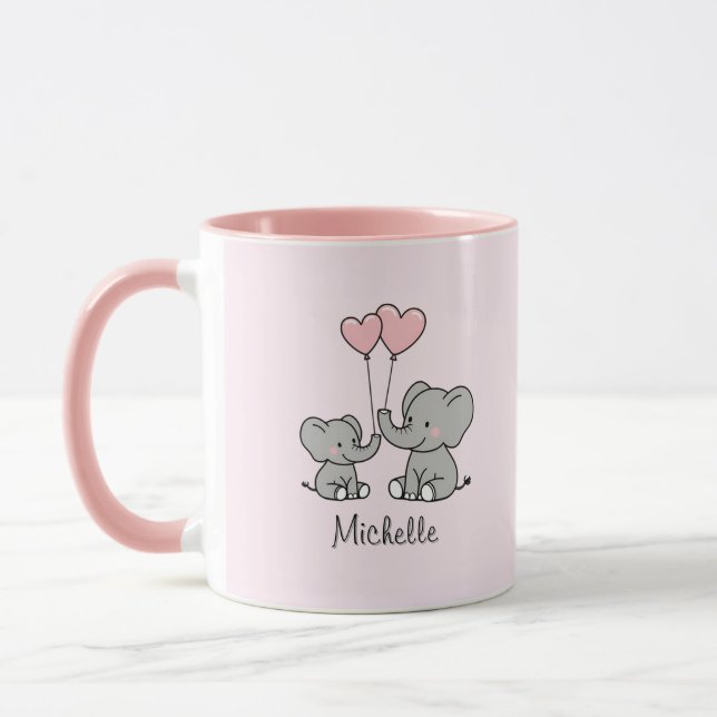 Personalisierter Name Niedlich Elephant Mama & Bab Tasse (Links)