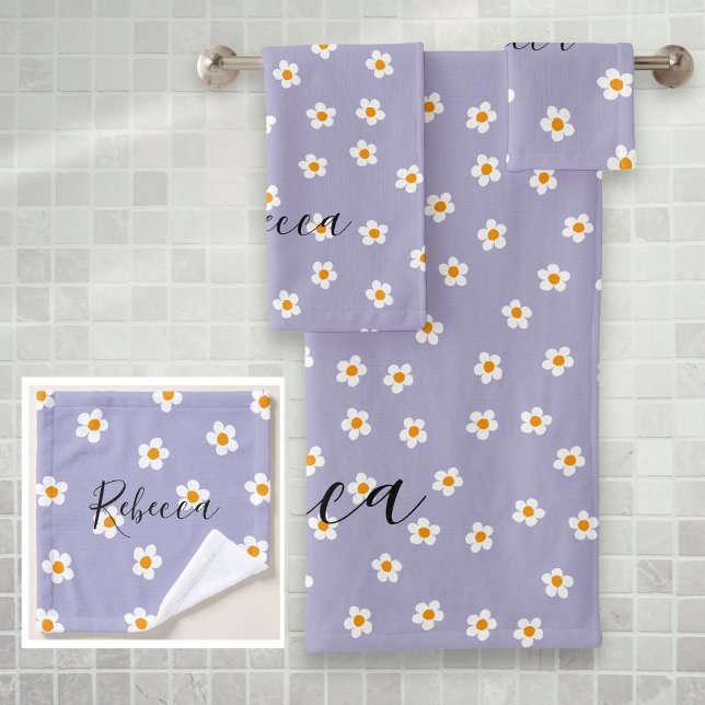 Personalisierter Name Niedlich Modernes Daisy Must Badhandtuch Set (Personalized Name Cute Modern Daisy Pattern Purple Bath Towel Set)