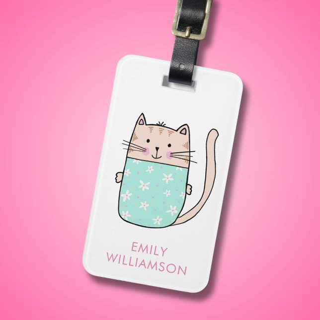 Personalisierter Name niedliche Katzenbildgepäck Gepäckanhänger (Cute cat illustrated luggage tag)