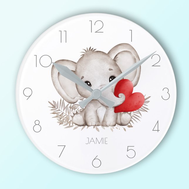 Personalisierter Name niedlicher Elefant rund um d Runde Wanduhr (Personalized name cute elephant round clock)