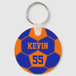 Personalisierter Name Nummer Orange Blauer Fußball Schlüsselanhänger