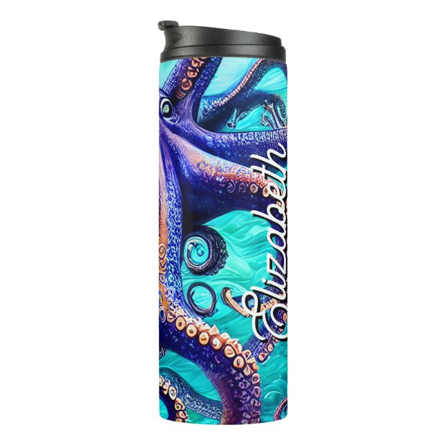 Personalisierter Name Octopus Blue Ocean Wave Abst Thermosbecher (Nach rechts gedreht)