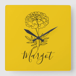 Personalisierter Name Oktober Marigold Birth Blume Quadratische Wanduhr